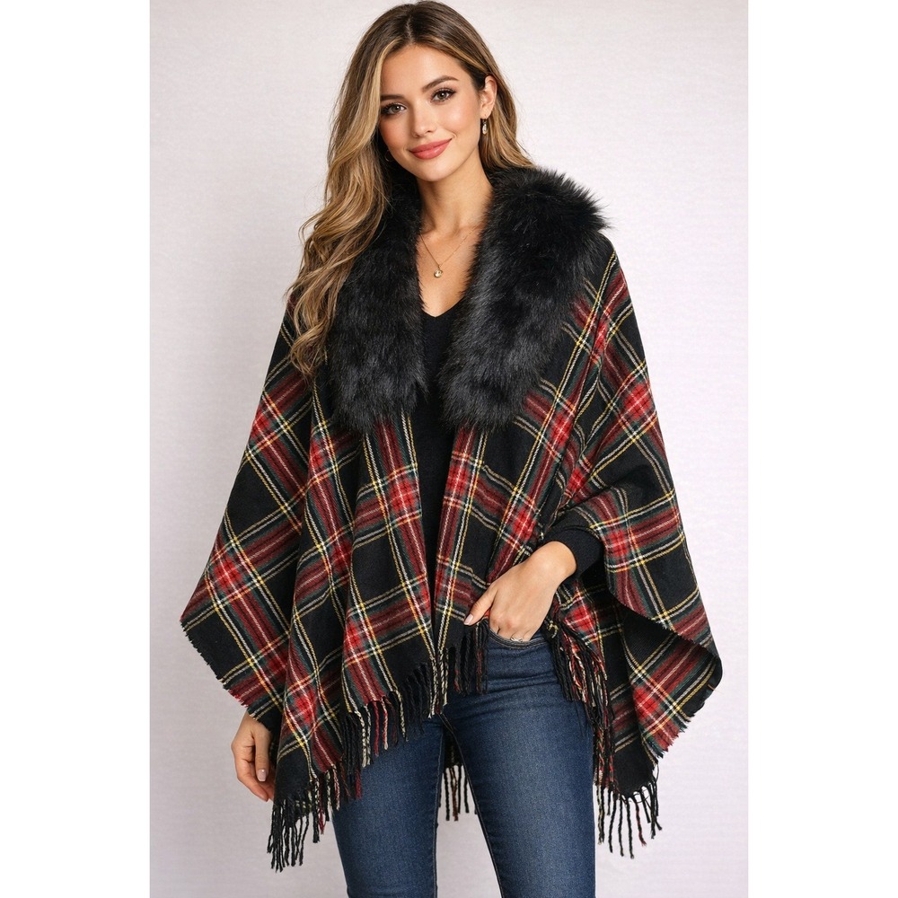J‎ CREW Plaid Tartan Shawl Wrap OS Faux Fur Collar Fringe Cape Poncho Red Black